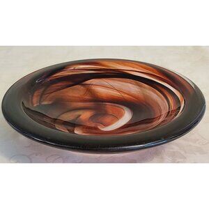 Vintage Kosta Boda Sweden Art Glass Oval Bowl Brown/Caramel/Amber Swirl 13"